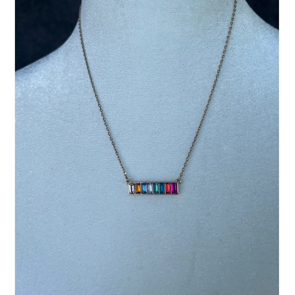 Loft Ann Taylor Gold Tone Rainbow Baguette Crystal Bar Pendant Necklace